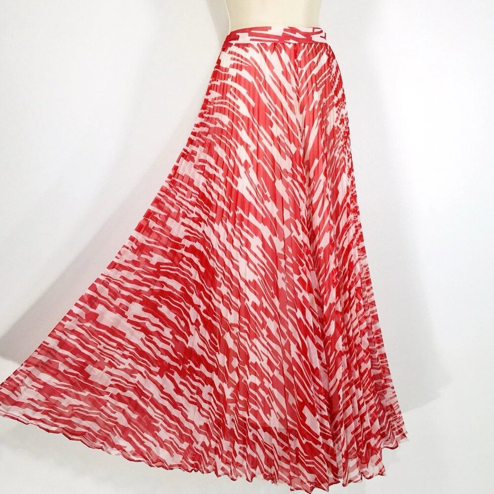 Carmen Marc Valvo Sz 10 Red/White Art to Wear Crinkle Accordion Pleat Midi Skirt